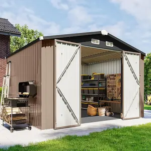 Aoxun Outdoor Storage Shed with Double Hinged Large Door Lockable Door & Sloped Roof Brown Metal Utility Garden Shed for Backyard Patio Brown Color