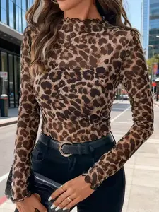 Women's Slim-Fitting Leopard Print Mesh Top, Long Sleeve Stand Collar Half-Transparent Sheer Design, Stylish Aesthetic Casual Wear for Daily Womenswear