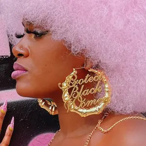 Protect Black Women Statement Bamboo Hoop 18k Gold Plated Hypoallergenic Stainless Steel Earrings Bold Jewelry for Women