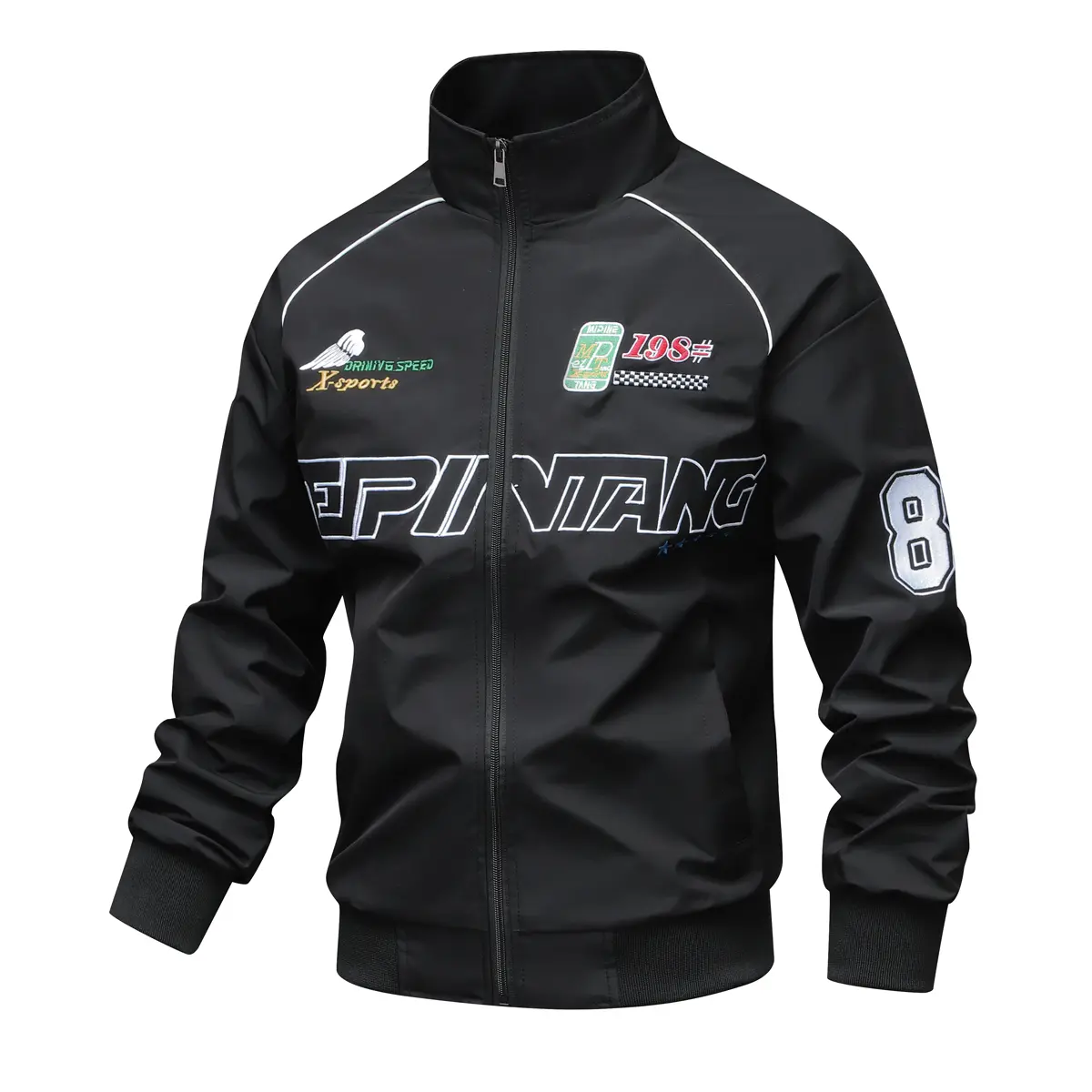 Men's Retro Racing Windbreaker Jacket, Lightweight Embroidered Streetwear with Checkered Print and Stand Collar, Windproof, Biker