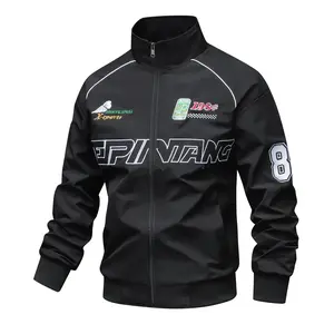 Men’s racing-style aviator jacket with vintage plaid flag embroidery, zip-up outerwear, lightweight windproof top suitable for all seasons