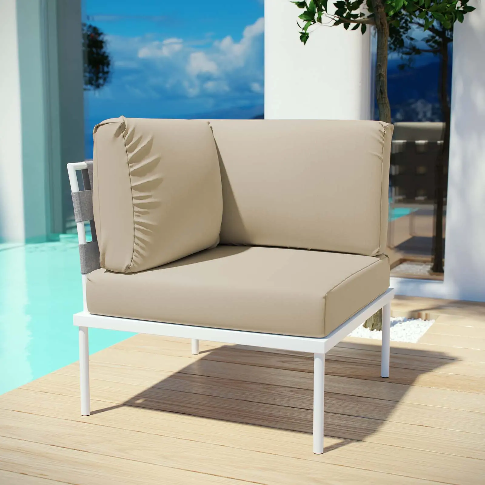 Modway Harmony Outdoor Aluminum Corner Sectional Sofa - White Beige, Outdoor Sectional Sofa for Patio Furniture Sets, Sectional Patio Furniture