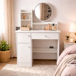 White Vanity Desk with Round Mirror, 2-in-1 Design, Detachable Desktop, Storage Shelves & Cabinet, Compact Makeup Table for Women Teens, Bedroom Glam Station