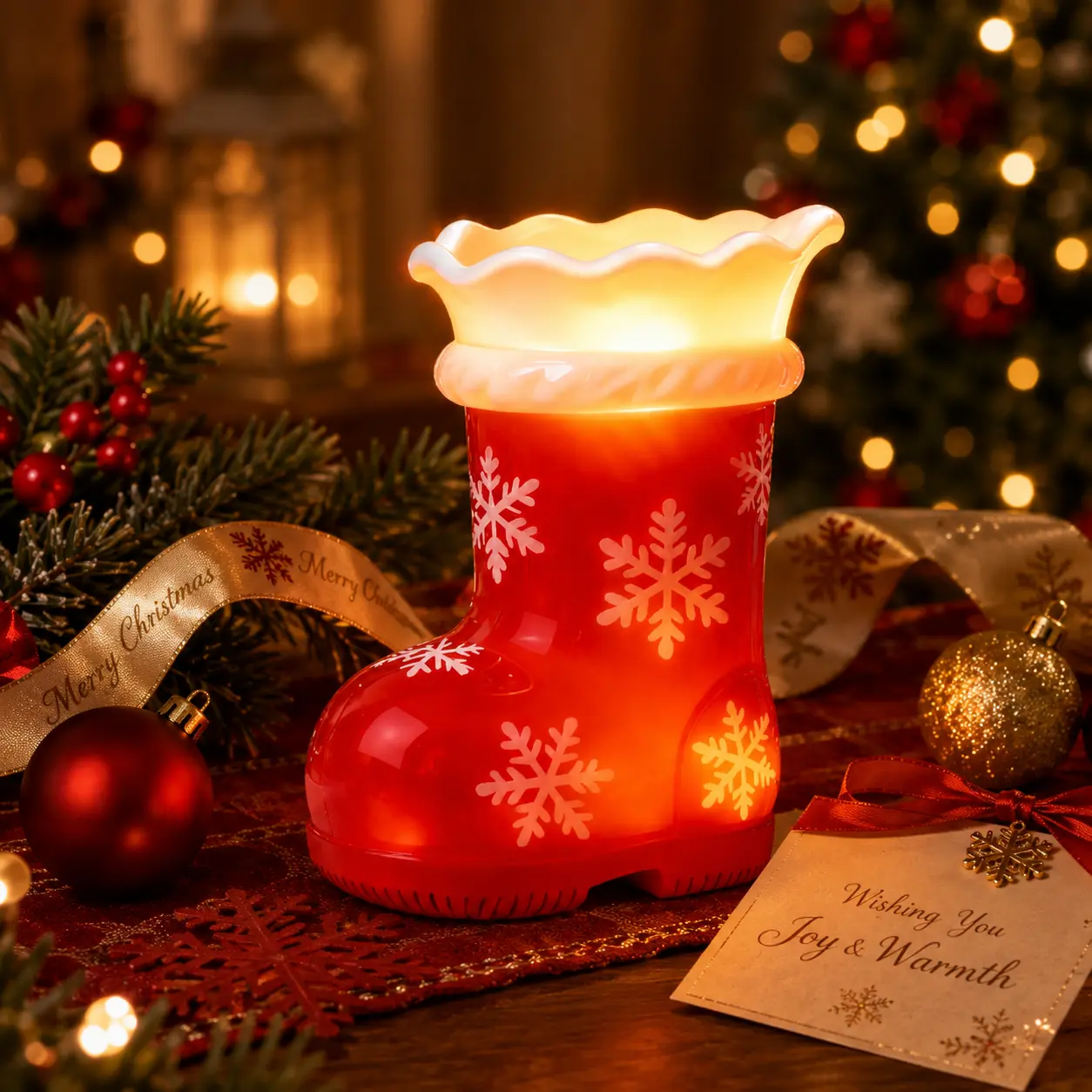 Christmas Boot Decoration Light, LED Snowflake Night Light with Warm Glow, Battery Powered Holiday Decor, Festive Winter Table Accent, Cute Home Decoration for Christmas Party and Gift Giving