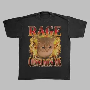 Angry Cat Fire Shirt | Rage Consumes Me Chaotic Tee | Ironic Cat Meme | Sarcastic Gothic Tee | Grumpy Cat Graphic Tee | Edgy Cat Lover Gift Menswear