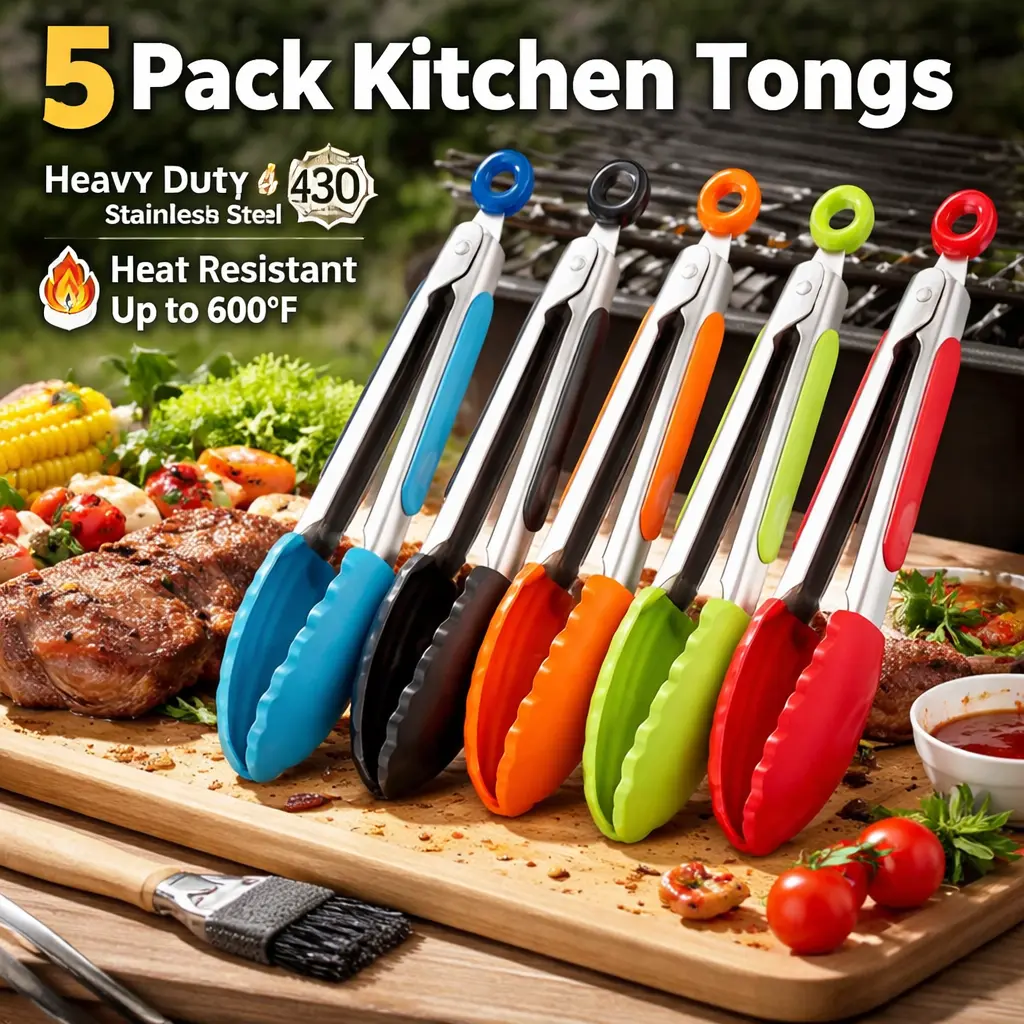 7in Nonstick Silicone-Tipped Stainless Steel Mini Kitchen Tongs - 5-Piece Set, Anti-Adhesive Non-Stick Cooking Tongs for Cooking, BBQ, Cheese Handling