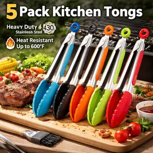 5 Pack Mini Kitchen Tongs 7 Inch – Silicone Tongs for Cooking, Serving, BBQ, Small Stainless Steel Food Tongs with Silicone Tips for Salad, Bread, Buffet, Party – Multi