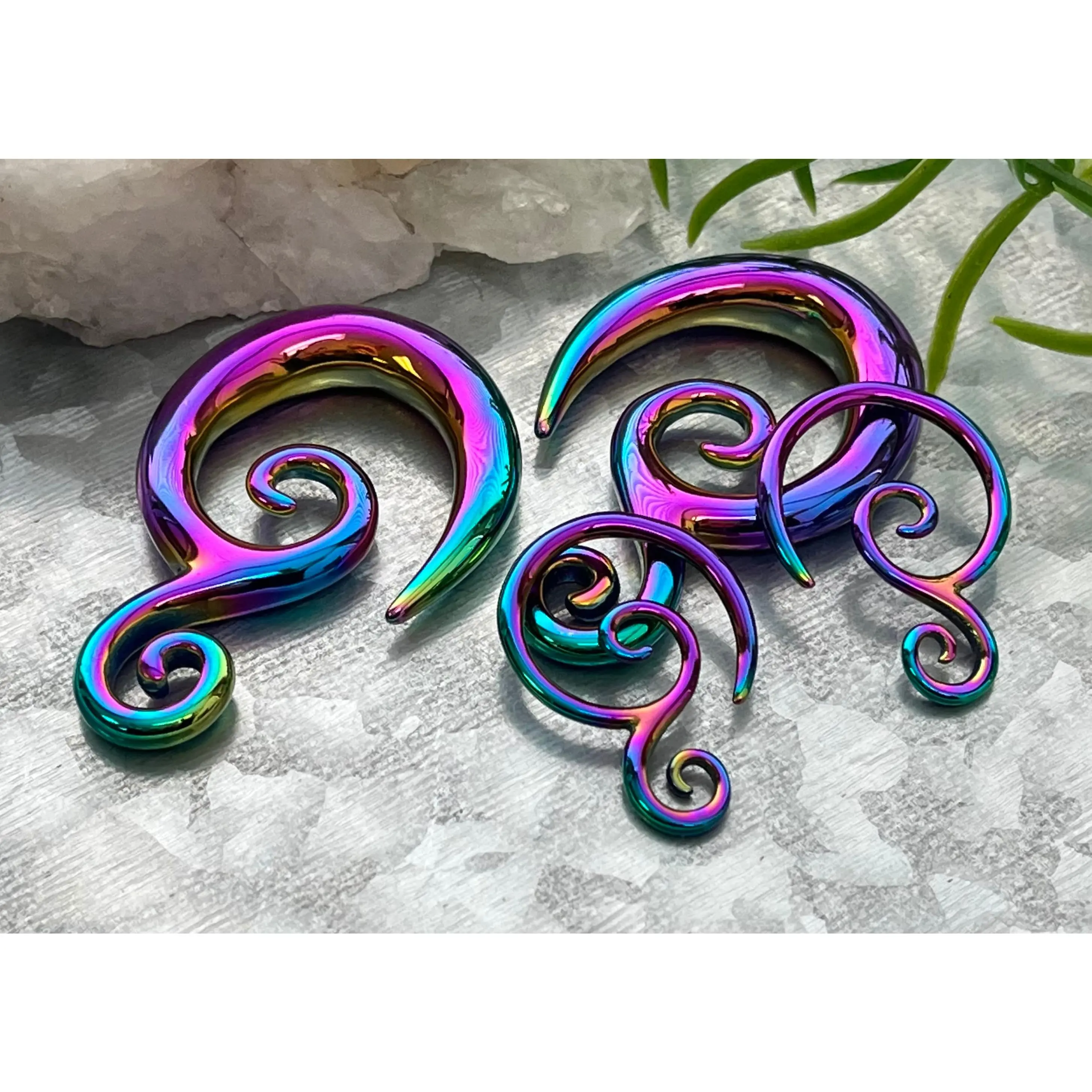 PAIR of Stunning Rainbow Double Swirl 316L Surgical Steel Hanging Tapers Expanders - Gauges 12g (2mm) thru 0g (8mm)