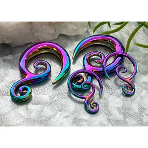 PAIR of Stunning Rainbow Double Swirl 316L Surgical Steel Hanging Tapers Expanders - Gauges 12g (2mm) thru 0g (8mm)