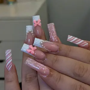 Christmas 24pcs Square Nail Set, French Press-On Nails, Snowflake Design, Pearl Accents, Acrylic False Nails, Includes Jelly Glue & File