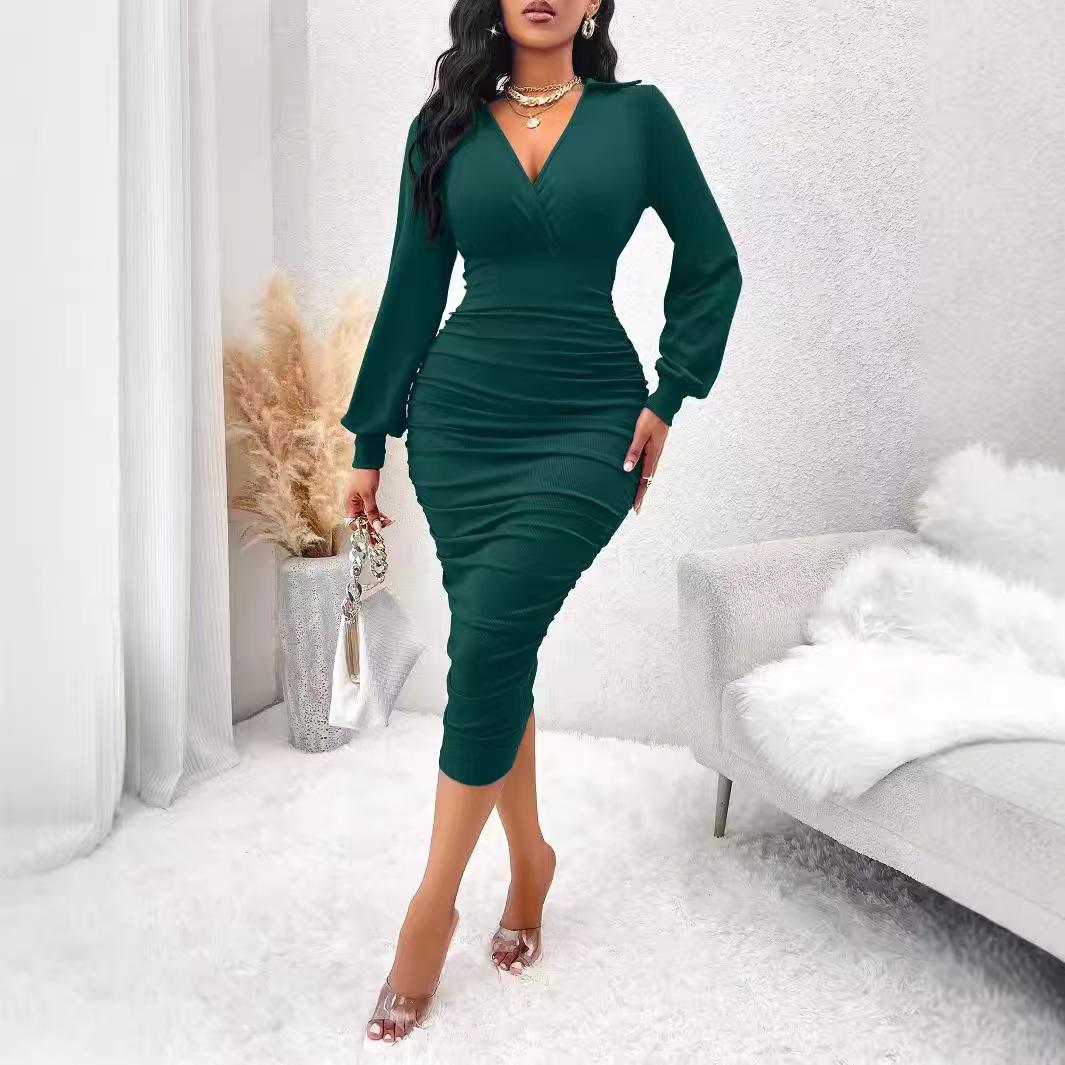 Women's Elegant Casual Chic Side Ruched Long Sleeve Slim Fit Bodycon Midi Dress for Autumn Fashion