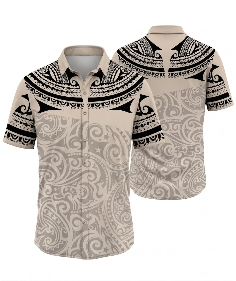 Polynesian Hawaiian Shirt, Tribal Tattoo Button Up, Maori Style Beige Black Aloha Shirt, Island Summer Gift for Men