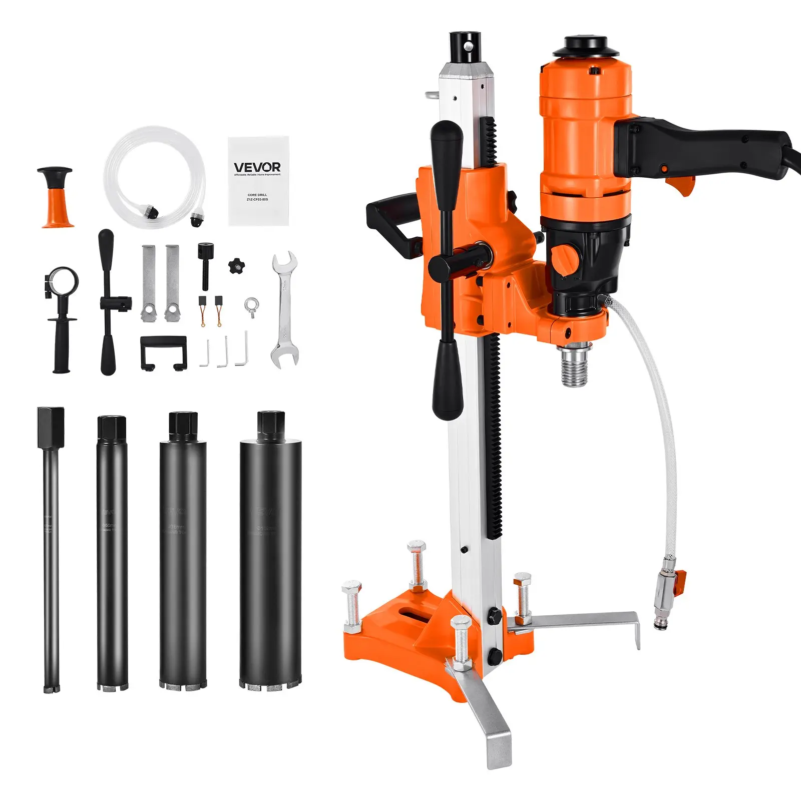 【DealsForYouDays】VEVOR Diamond Core Drilling Machine, 8 in Drilling Diameter, 2-in-1 Handheld & Stand-Mount Dry and Wet Concrete Core Drill Rig with 4 Drill Bits, 1075/2300 RPM 2-Speed, for Concrete Brick Stone, 1800W