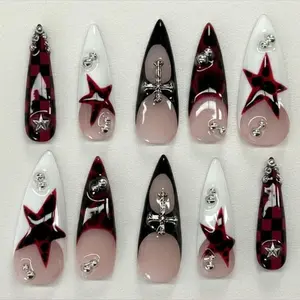 Gothic Red Black Press On Nails | Cross Star Punk Stiletto Nails | Dark Alternative Handmade Nail Set