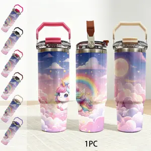 30oz Rainbow Unicorn Insulated Mug, Stainless Steel Vacuum Travel Coffee Cup, Cute Cartoon Design, Ideal Gift for Women, Christmas, Halloween, Mother's Day, Water Bottles