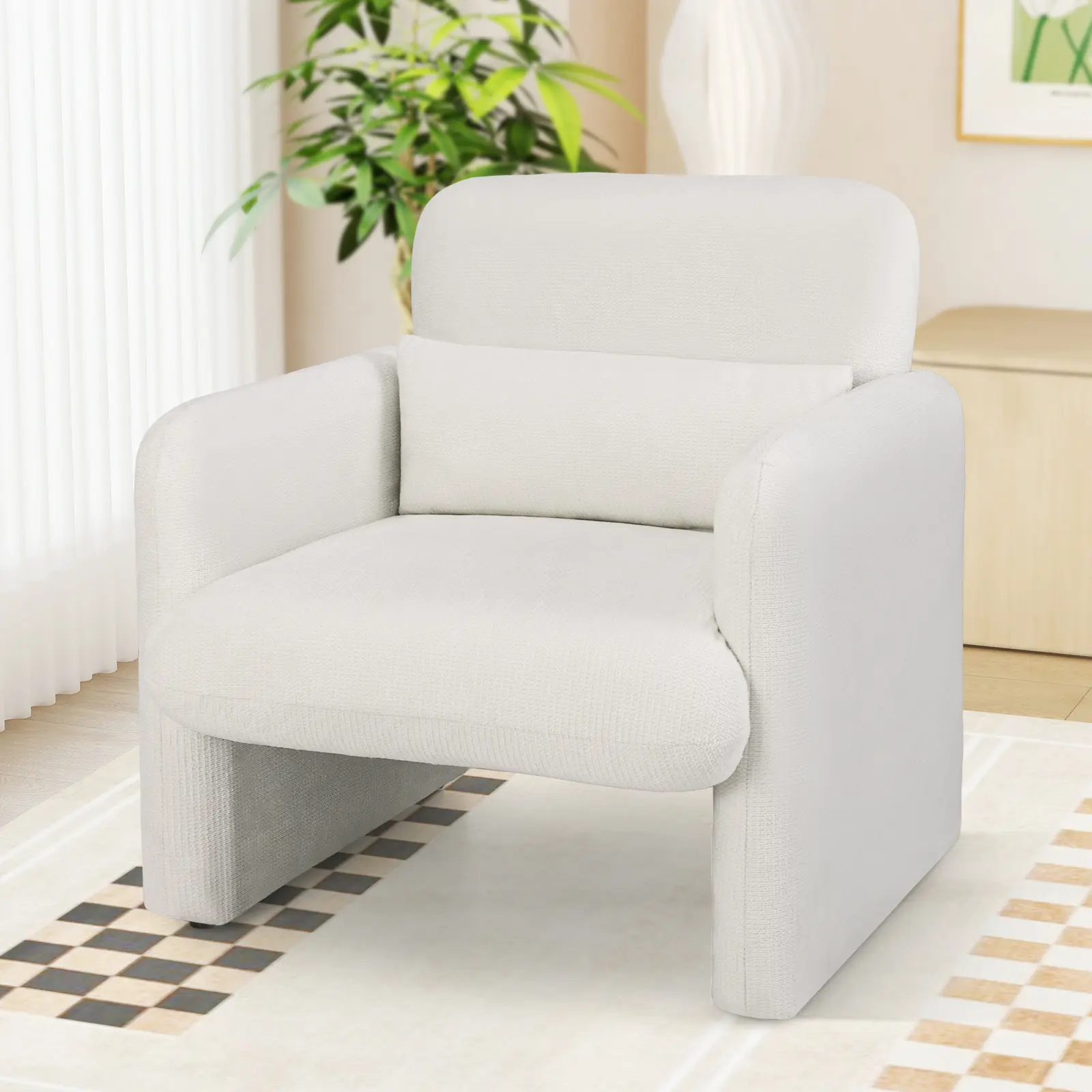 COSTWAY - Modern Upholstered Chenille Accent Chair with Removable Lumbar Pillow-White