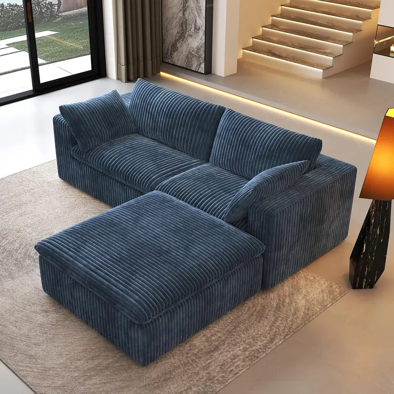 ARCH 78.74" L Shaped Modern Sofa Modular Sectional Cloud Couch with Ottoman,Upholstered Couches with Plush Corduroy Fabric for Living Room Furniture,Bedroom and Apartment,No Assembly Required,Blue