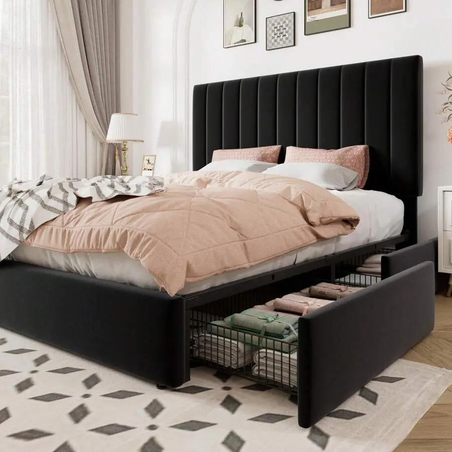Allewie Modern Durable Full/Queen/King Size Storage Bed Frame, Vertical Channel Tufted Adjustable Headboard, Velvet Upholstered Platform with 4 Oversized Underbed Drawers, Wooden Slats Support, No Box Spring Needed, Black, Full Size Bed Option, Modern Bed