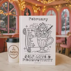 February Self-Love & Productivity Planner with Coloring Breaks Storybook Journeys Edition Undated Focus Habit Tracker Rose & Hearth Journey