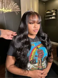 180 Density Glueless Wig Body Wave Wig Put On & Go Wig Human Hair Wig With Bangs Full Machine Wig With Bangs None Lace Glueless Wigs For Women