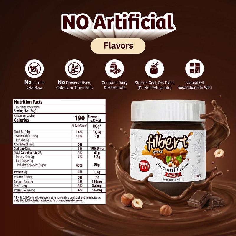 Filbert Spread Hazelnut Cream Chocolate & Milky Spread – 2 Flavors | Healthier, Guilt-Free | 400g Jar | Nutty Flavor, Gluten-Free, Non-GMO, Halal & Kosher Certified Condiment