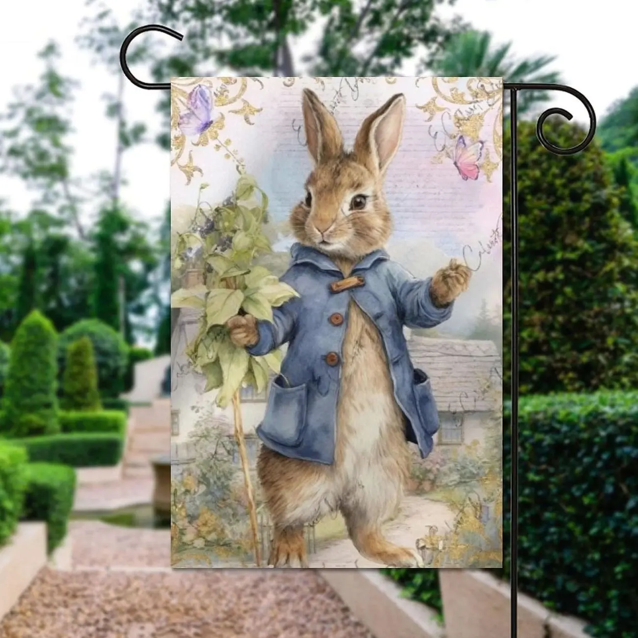 Easter Garden Decor, Vintage Peter Rabbit Style Bunny Design,Floral Easter Garden Flag,Gold Floral Border Spring Yard Flag for Outdoor Decor O