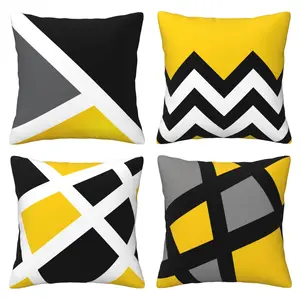 Four piece geometric pattern pillow cover, striped decorative yellow and black pillowcase, modern square cushion cover, suitable for sofas, lounge chairs, and outdoor decoration, 4-piece set with double-sided printing