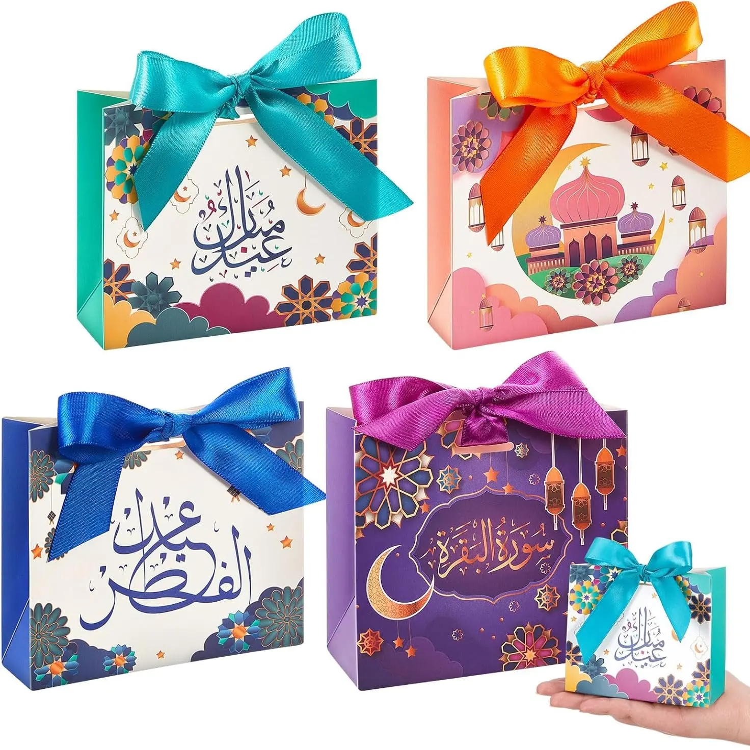 Eid Mubarak Gift Bags - 48 Pcs Unisex Paper Pack with Ribbons, Eid Decorations for Ramadan Party Treats