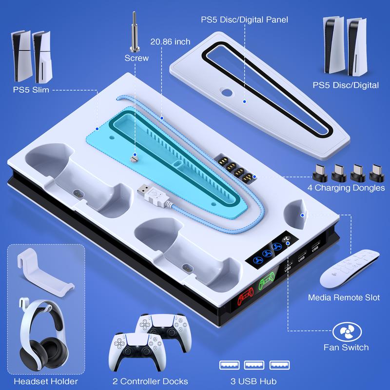 PS5 Stand and Cooling Station with Controller Charging Station for PS5 Slim/PS5/PS5 Pro, PS5 Accessories Incl,3 Levels Cooling Fan, 3 USB Hub, Headset Holder, Media Slot for PS5 Slim&PS5 Disc/Digital Console