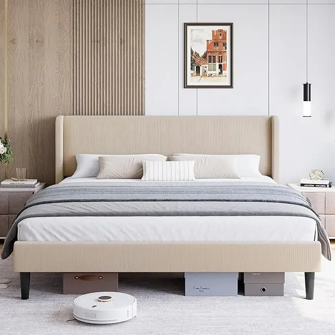 Full Upholstered Bed Frame with Wingback Headboard, Luxurious Velvet Upholstery Platform Bed, Wooden Slat Support, and Easy Assembly - Box Spring Optional