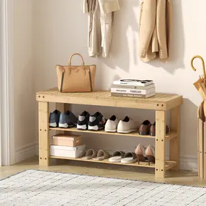 Sweetcrispy Durable Wood 3-Tier Natural Bamboo Stackable Shoe Rack Organizer, Rectangle 286lb Capacity Storage Rack, 11.3x27.6x17.8in, Suitable for Entryway, Bedroom