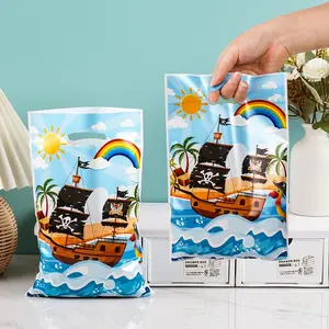 50 Pirate Theme Plastic Gift Bags with Handles, Printed Pirate Ship and Tropical Patterns, Perfect for Party Favors and Celebrations, Party Decoration Supplies