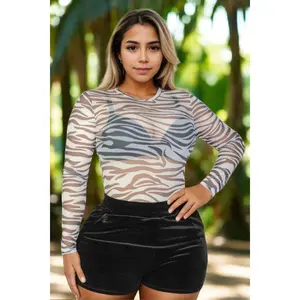 Curve Comforting Zebra Print Bodysuit | Sheer Mesh & Sexy Design Fabric Womenswear Casual Clothing