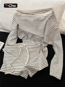 Women's Striped Long Sleeve T-Shirt & High-Waisted Drawstring Shorts Set, Loose Fit Casual, Two-Piece Ensemble for Home & Outdoor