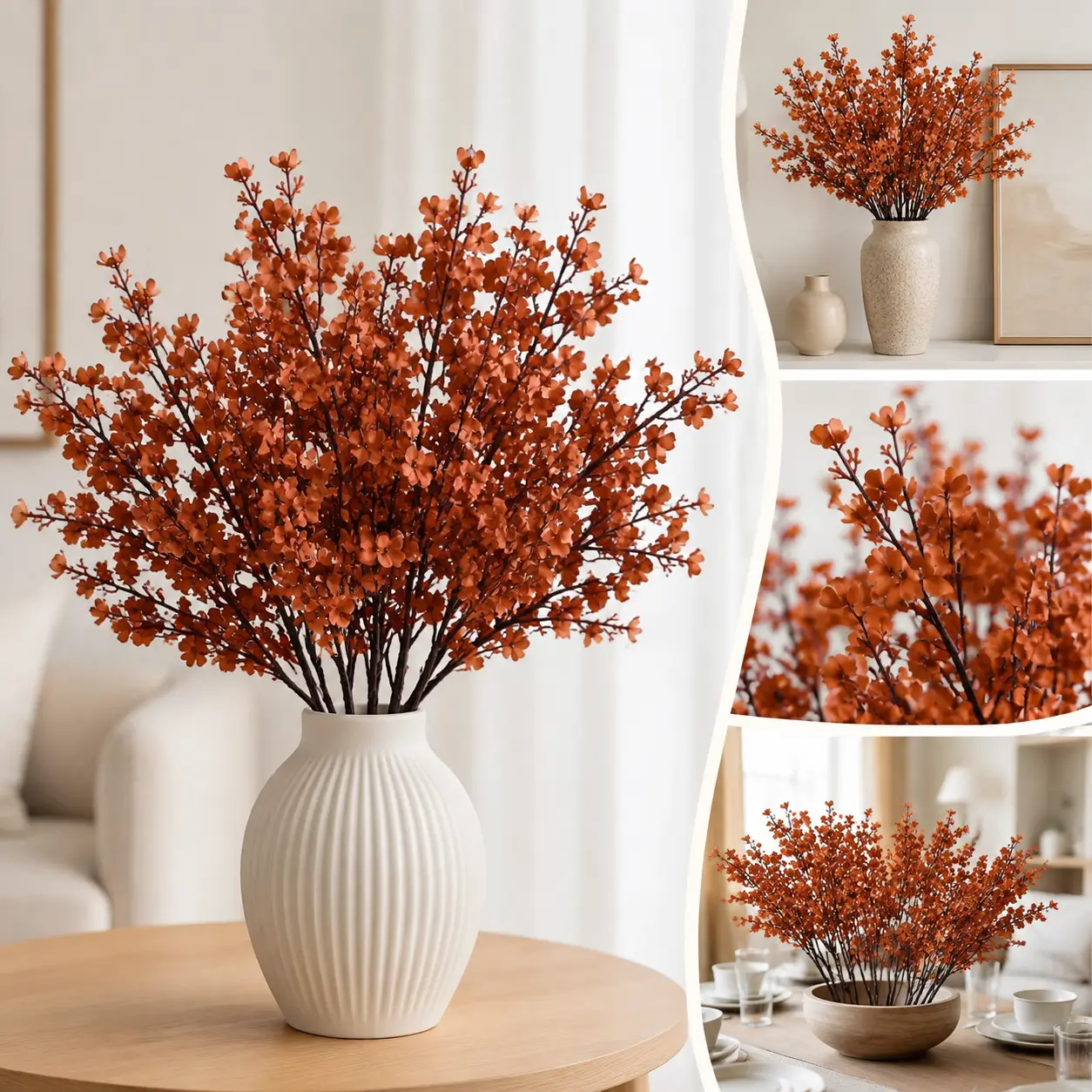 6 Bundles Artificial Burnt Orange Babys Breath Flowers | Faux Gypsophila Stems Real Touch Fake Flowers for Home Vase Filler DIY Wedding Party Wreath Fall Decor