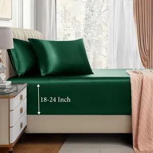 3 count Extra Deep Pocket Satin Fitted Sheet Set  Bed Set, Blackish Green Bottom Sheet Fit 18-24 Inch Deep Pocket Mattress, Silky Bedding Set Soft & Ultra Deep Fitted Sheet & 2 Pillowcase