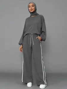 Plus Size Women's Wide Leg Pants, Drawstring Waist Design, Lace Waist Detail, Pockets, Side Stripes, Suitable for Various Occasions, Wide Legged Pants