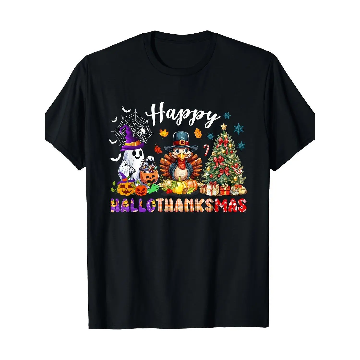 Men'S Funny Full Body Print Happy Hallothanksmas T-Shirt, Compatible for Halloween Thanksgiving Christmas Parties, Casual Crew Neck Short Sleeve Holiday Shirt for Year-Round Wear (Machine Washable)