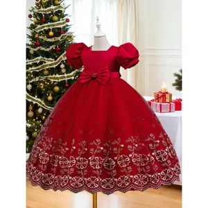 Girls' Elegant Formal Party Dress with Tulle, Pearl Beading & Bow Belt - A-Line Wedding Prom Gown, Slim Fit Length for Special Occasions (Year-Round Wear)