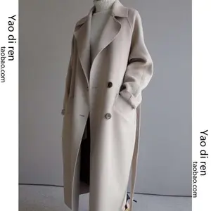 Women's Woolen Coat Autumn Winter Long Loose Over-the-Knee Waist-Tied Woolen Overcoat Womenswear Jackets