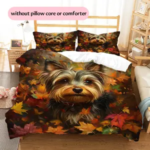 Maple Leaf-adorned Yorkshire Terrier  Printed bedding set, duvet cover and pillowcases, home decor, Christmas decoration, bedroom duvet cover, Christmas gift, birthday gift (1 * duvet cover +