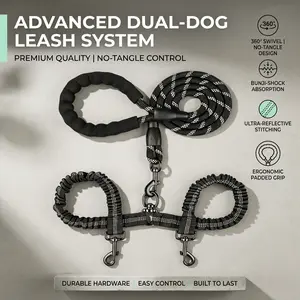 Tangle Free Double Dog Leash with Shock Absorption Bungee Reflective Night Walking 2 Dog Lead with Soft Padded Handle for Daily Walking Outdoor Hiking Training Pet Supplies