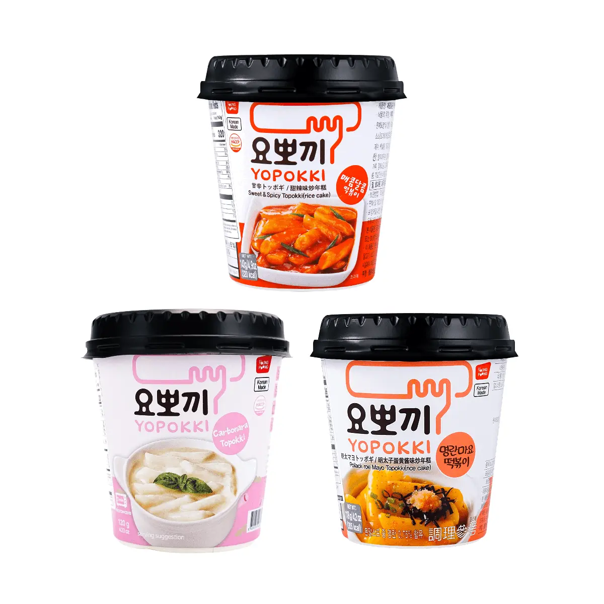 YOPOKKI Korean Rice Cakes 3 Flavors Combo Pack - Sweet & Spicy, Creamy Cheese, Mentaiko Mayo (378g) - Authentic Tteokbokki Instant Meal Kit for Quick & Delicious Snack