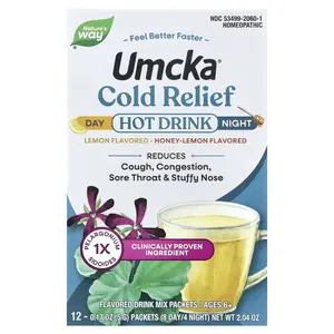 Nature's Way Umcka®, Cold Relief Hot Drink, Day + Night, Ages 6+, Lemon, Honey-Lemon, 12 Packets, 0.17 oz (5 g) Each | HSA/FSA Eligible