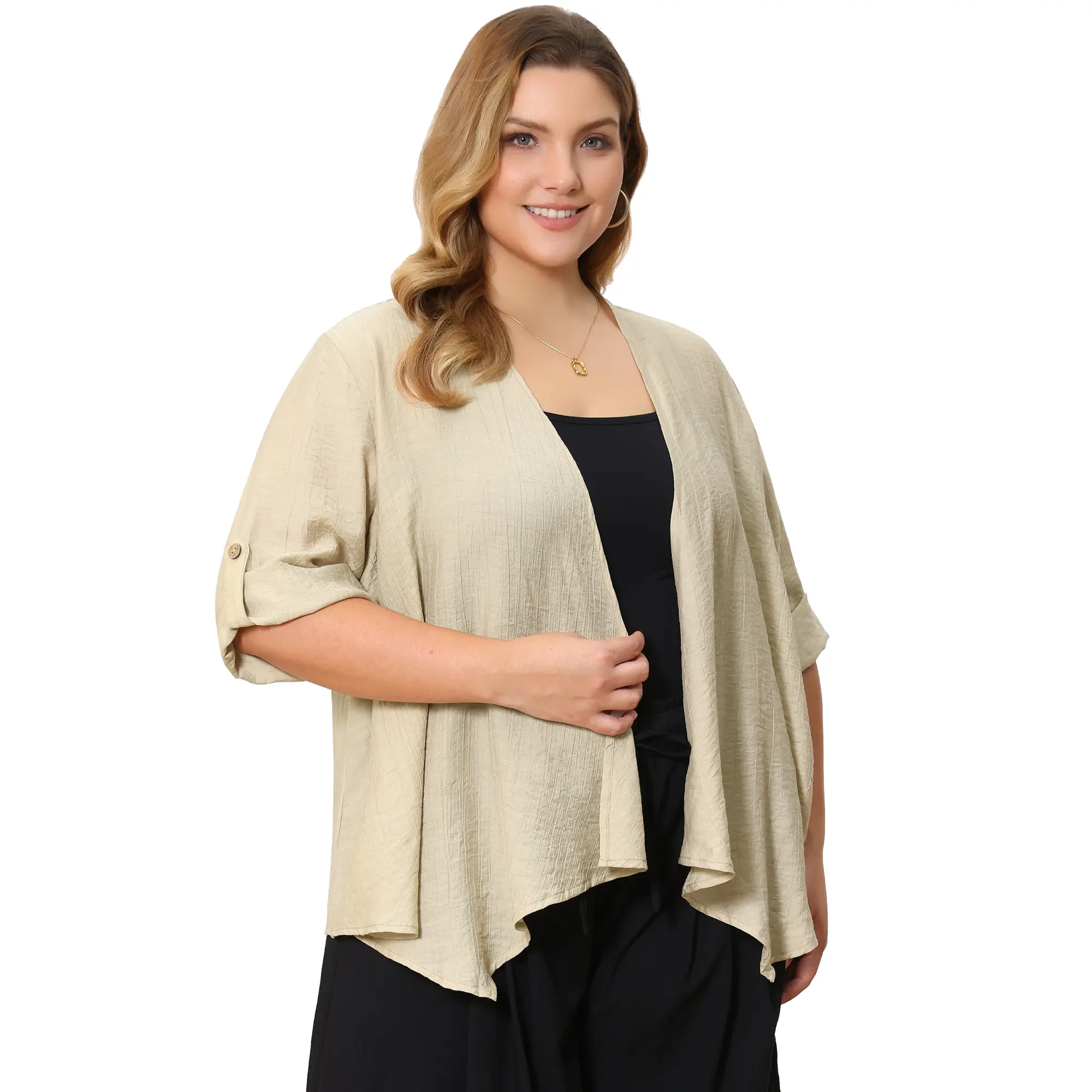 GRACE & GRANDEUR Plus Size Cardigan for Women Waterfall Style Shrug 3/4 Sleeve Open Front Irregular Hem Lightweight Cardigans