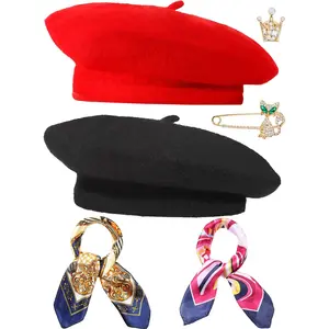 6 Pieces Wool Beret Hat Solid Color French Beanie Hat with Silky Scarf Brooch for Women Girls