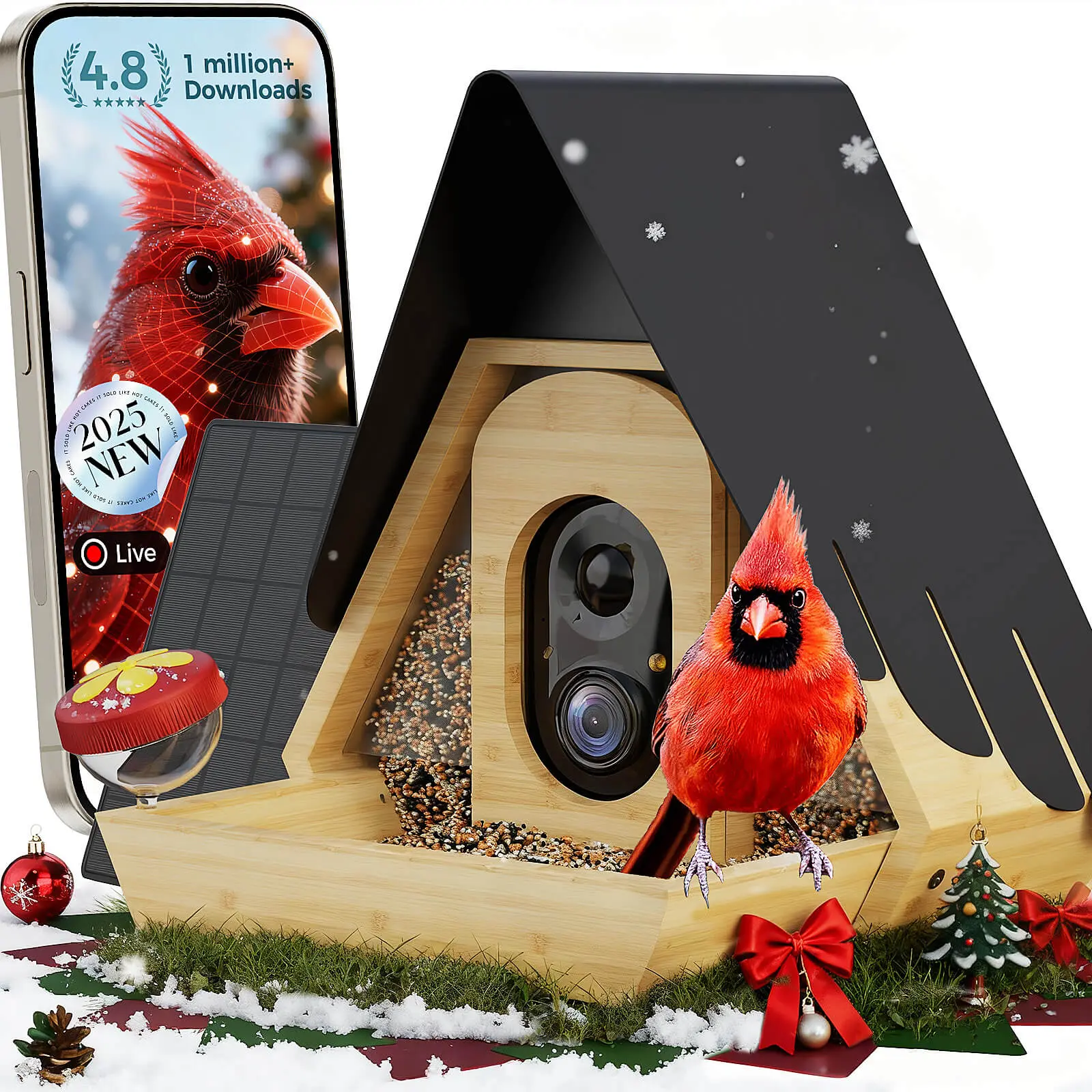 PerchMe Smart Bird Feeder with Camera 2K HD Solar Powered Bamboo Birdhouse Camera with Metal Roof AI Recognition Includes SD Card Real-time Notification Ideal Gift for Bird Lovers