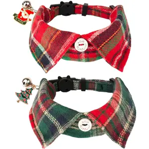 Christmas Cat Collars Breakaway with Bow Bell, 2 Pack Stylish Red Green Plaid Xmas Kitten Collar with Removable Shirt Collar, Plaid Christmas Collars for Cats Kittens SANTA CLAUS BOW TIE PET ACCESSORY