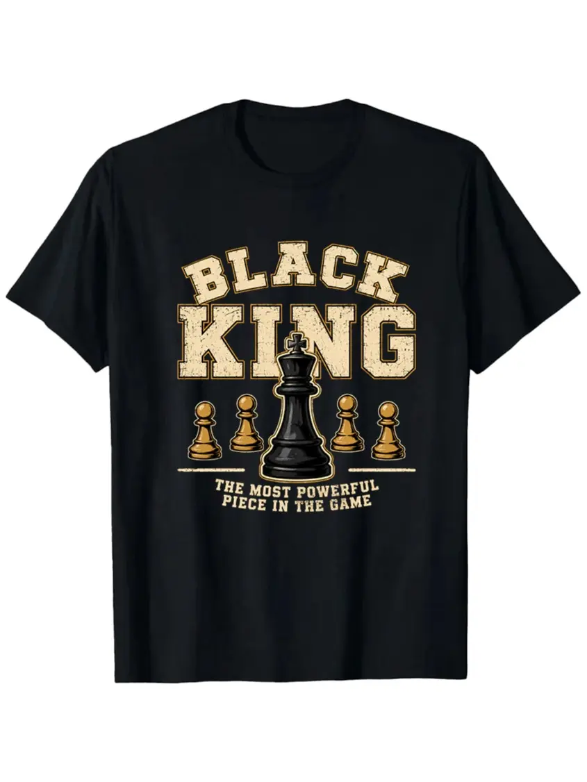 Men’s Black King Chess Cotton Graphic T-Shirt - Short-Sleeve Casual Fashion Top for Chess Lovers, Highlighting the Game’s Most Powerful Piece, Tshirt, Shortsleeve, Menswear, Round Neck, Stylish, Clothes, Streetwear