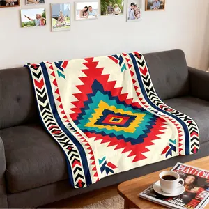 1 piece Navajo ethnic style geometric totem blanket contrasting color diamond-printed flannel blanket is skin-friendly, soft, machine washable, suitable for office camping, sofa blanket, bed blanket, etc.